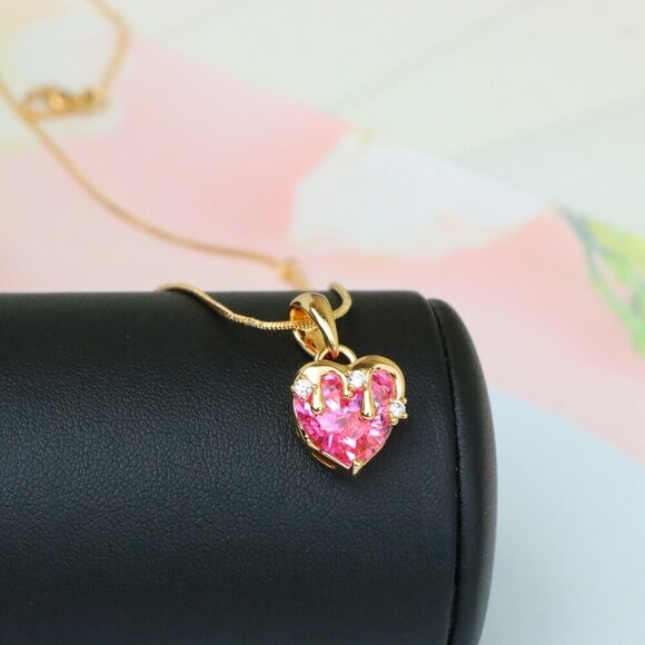 "Heart Drip Pink Pendant in Gold Finish Romantic Charm, XPPT1698 - Picture 4 of 13